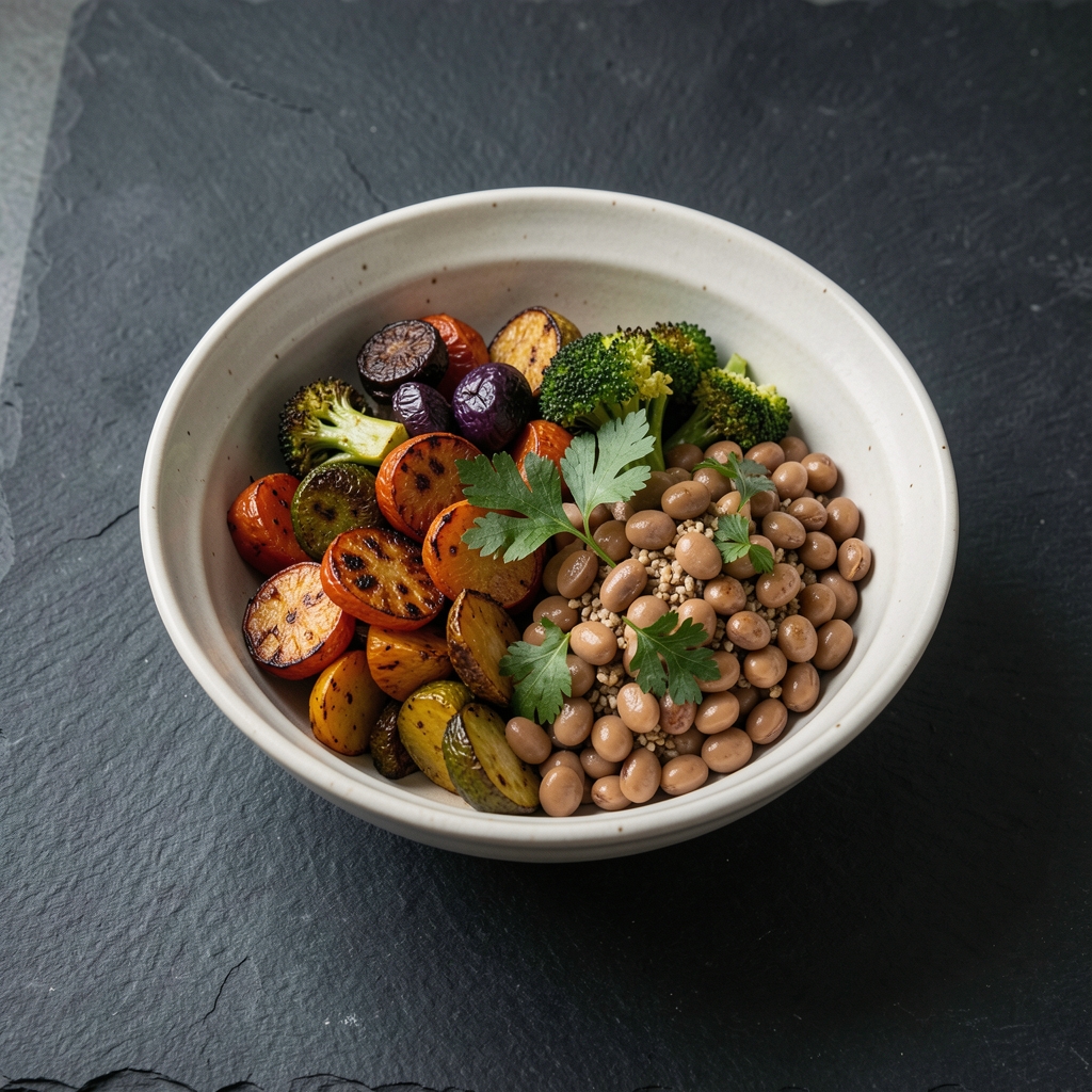 A composed wholefood bowl with roasted vegetables, cooked legumes and fresh herbs in a wide ceramic dish on a dark slate surface