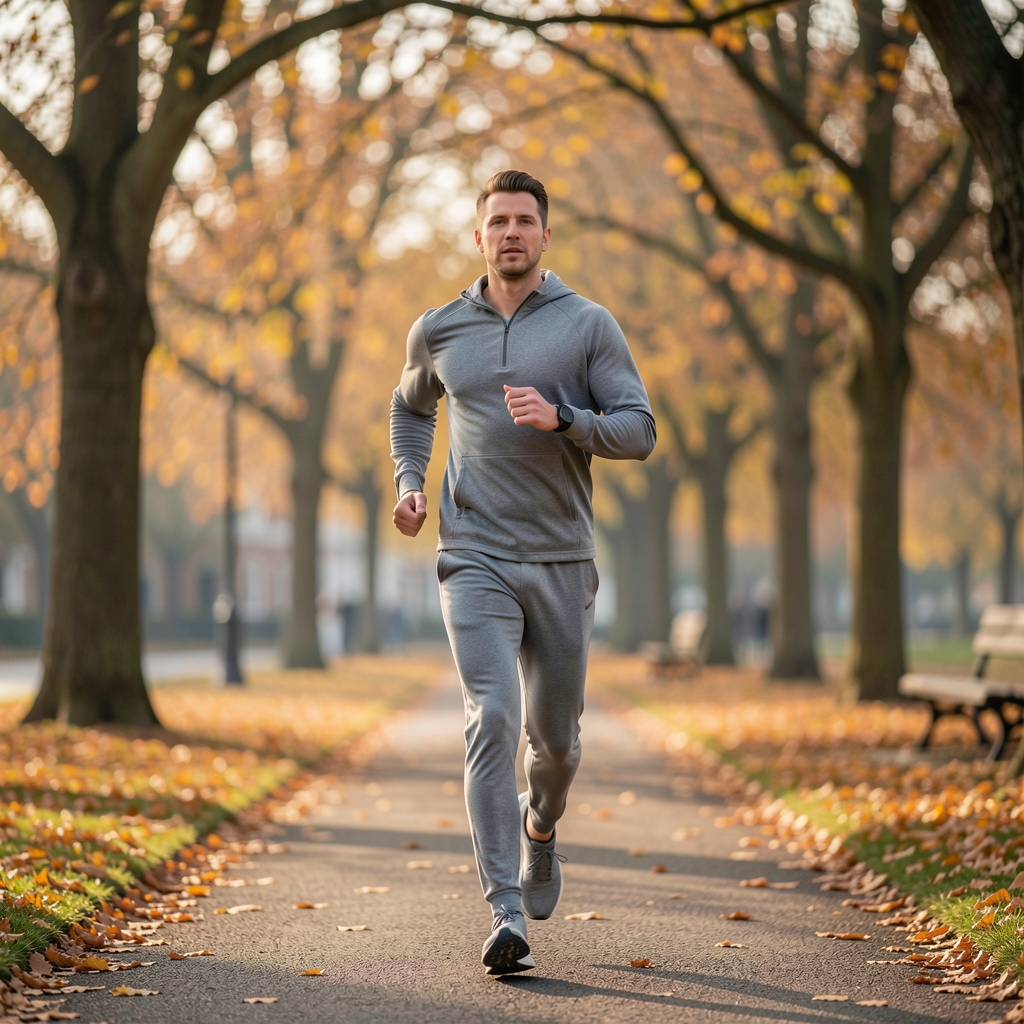 A person on a morning jog through a London park, autumnal trees in soft focus background, wearing grey athletic clothing in cool morning light
