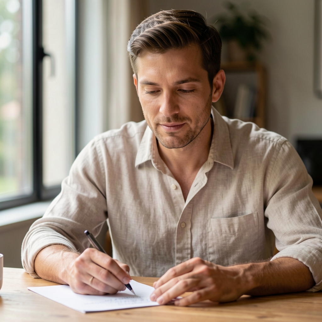 Editorial portrait of Tobias Coverdale, wellness writer, photographed at a kitchen preparation surface in warm natural light
